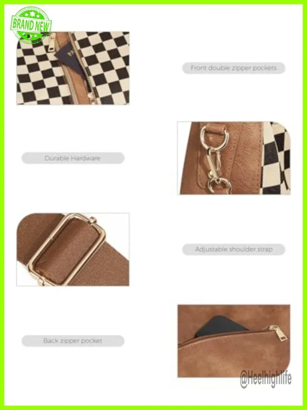 PU Leather Canvas Checkered Hobo Handbag Tote Crossbody Bag Adjustable Strap